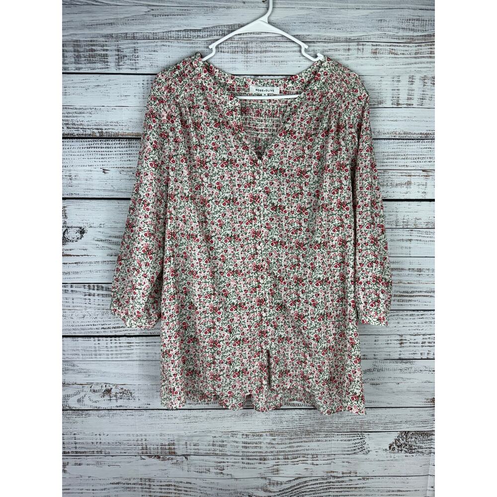 Rose + Olive Ditzy Floral Top 1X Boho Coastal Casual Normcore Buttons Modest